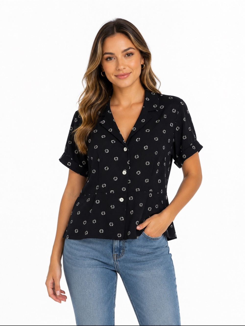 Norton McNaughton Black Short-Sleeve Button Blouse with Circular Print - Size 14